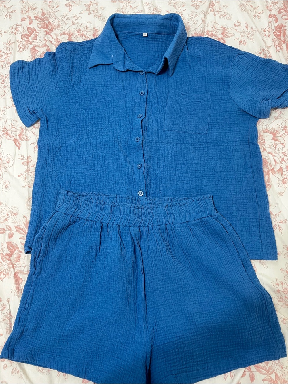 Women Short Sleeve Button-Up Top and Shorts Set - Blue
